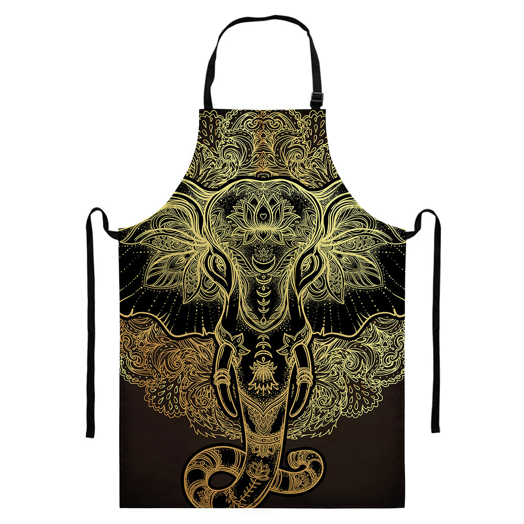 Golden Spiritual Elephant Print Bib Apron With Pocket