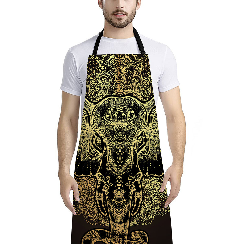 Golden Spiritual Elephant Print Bib Apron With Pocket
