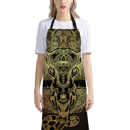 Golden Spiritual Elephant Print Bib Apron With Pocket