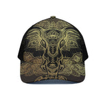 Golden Spiritual Elephant Print Black Mesh Trucker Cap