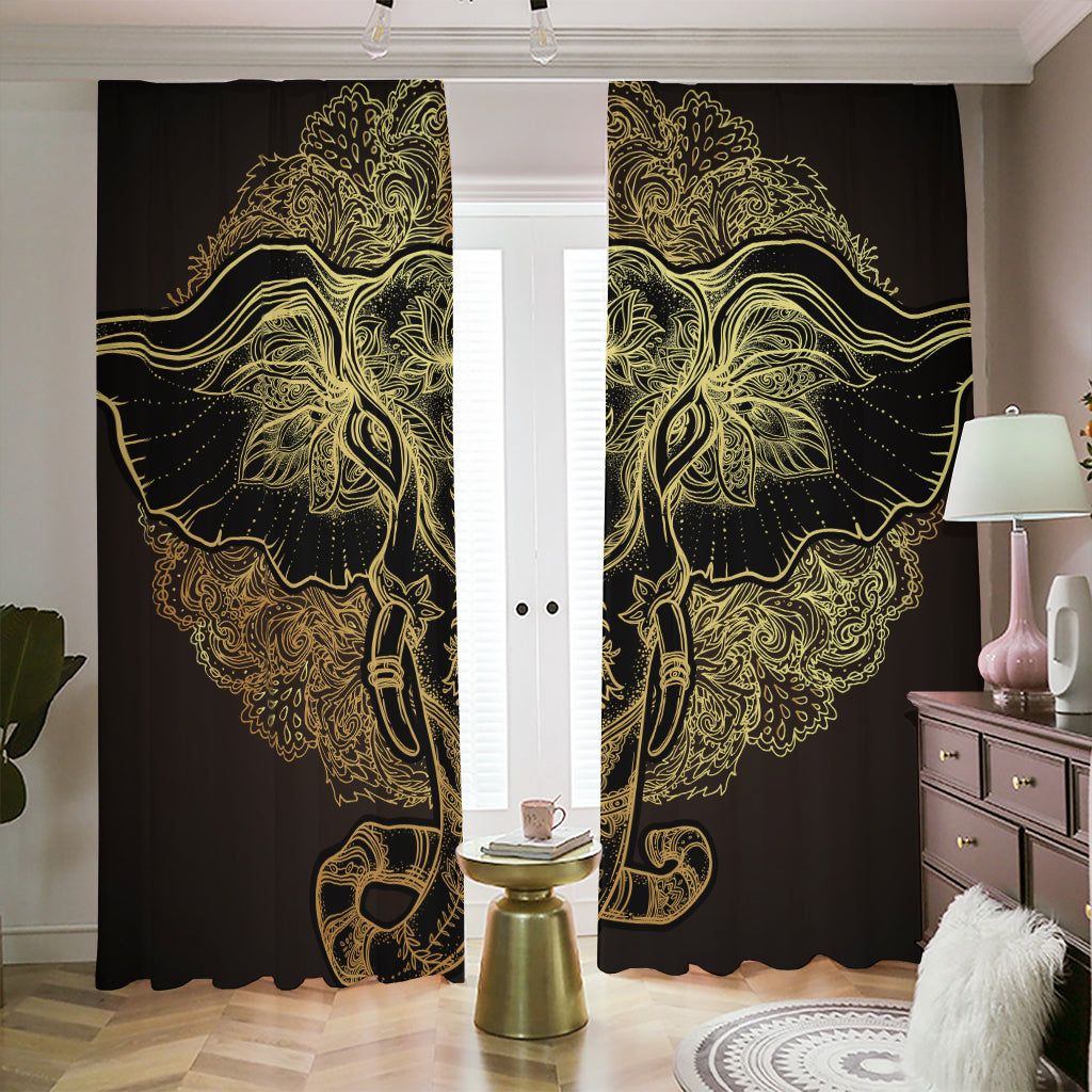 Golden Spiritual Elephant Print Blackout Pencil Pleat Curtains