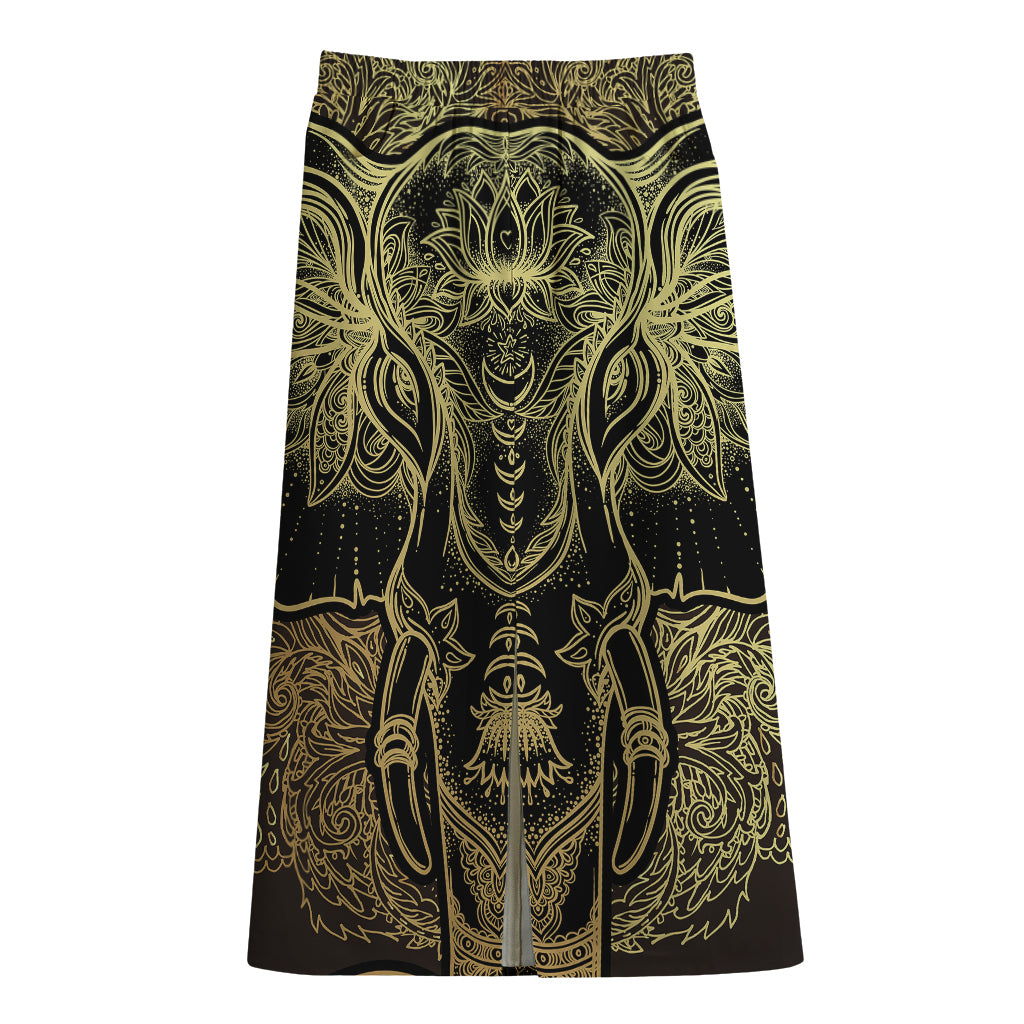 Golden Spiritual Elephant Print Cotton Front Slit Maxi Skirt