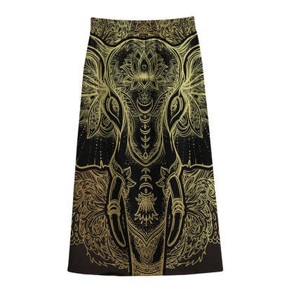 Golden Spiritual Elephant Print Cotton Front Slit Maxi Skirt