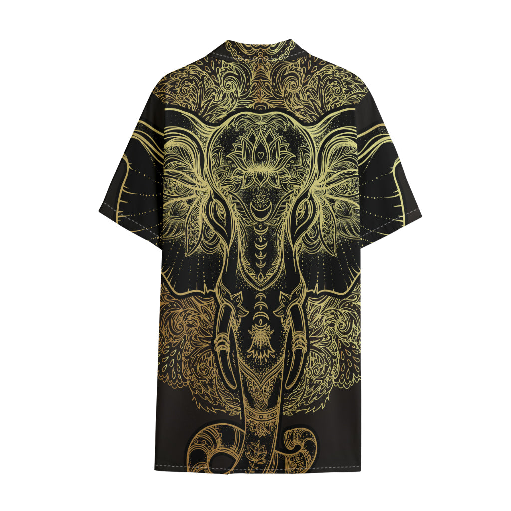 Golden Spiritual Elephant Print Cotton Hawaiian Shirt