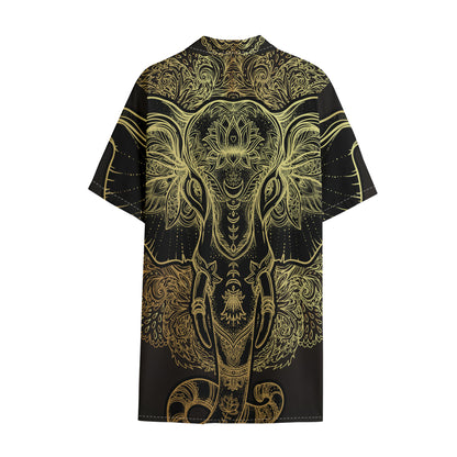 Golden Spiritual Elephant Print Cotton Hawaiian Shirt