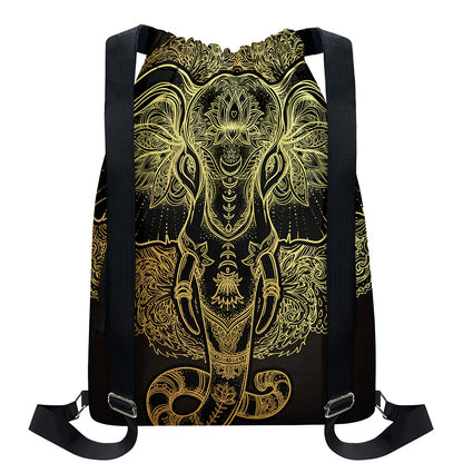 Golden Spiritual Elephant Print Drawstring Backpack