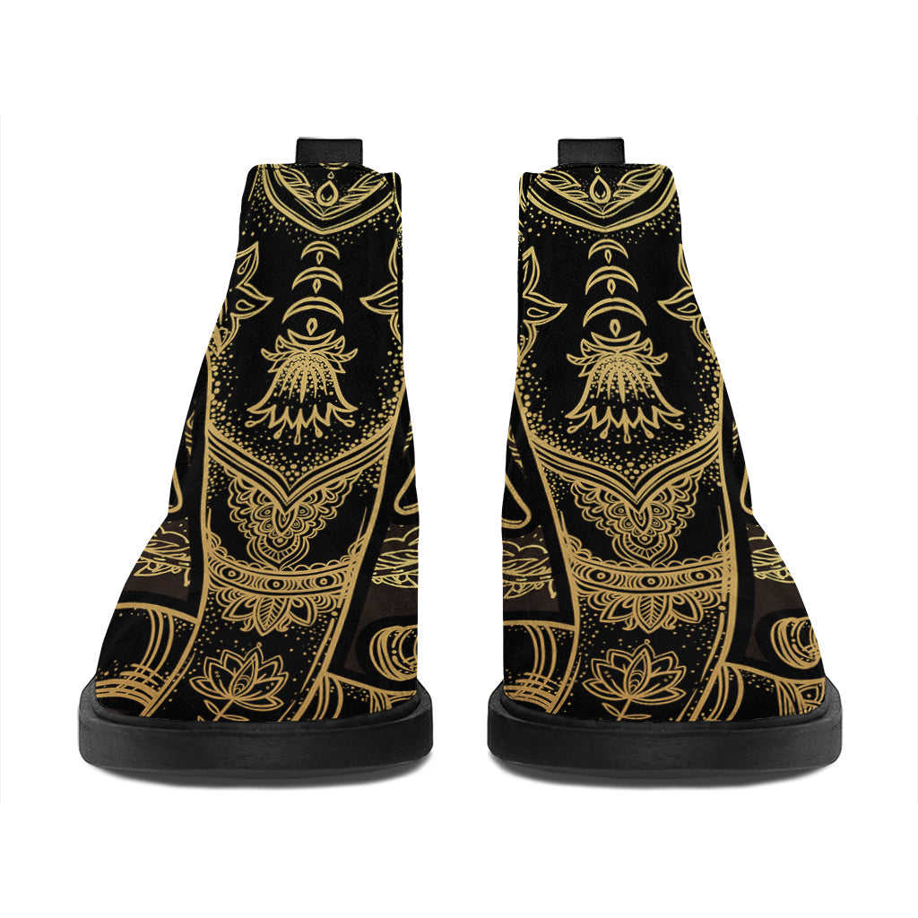 Golden Spiritual Elephant Print Flat Ankle Boots