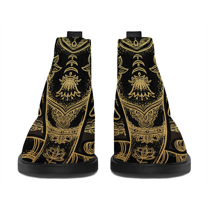 Golden Spiritual Elephant Print Flat Ankle Boots