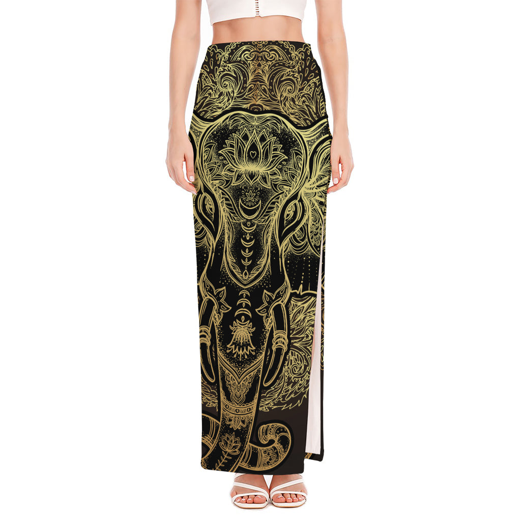 Golden Spiritual Elephant Print High Slit Maxi Skirt