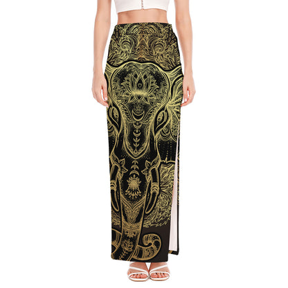 Golden Spiritual Elephant Print High Slit Maxi Skirt