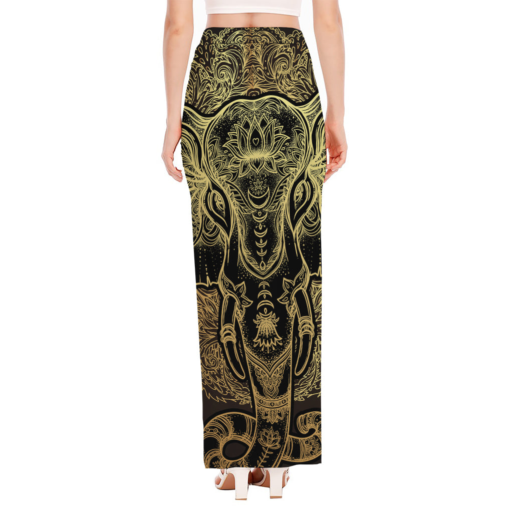 Golden Spiritual Elephant Print High Slit Maxi Skirt