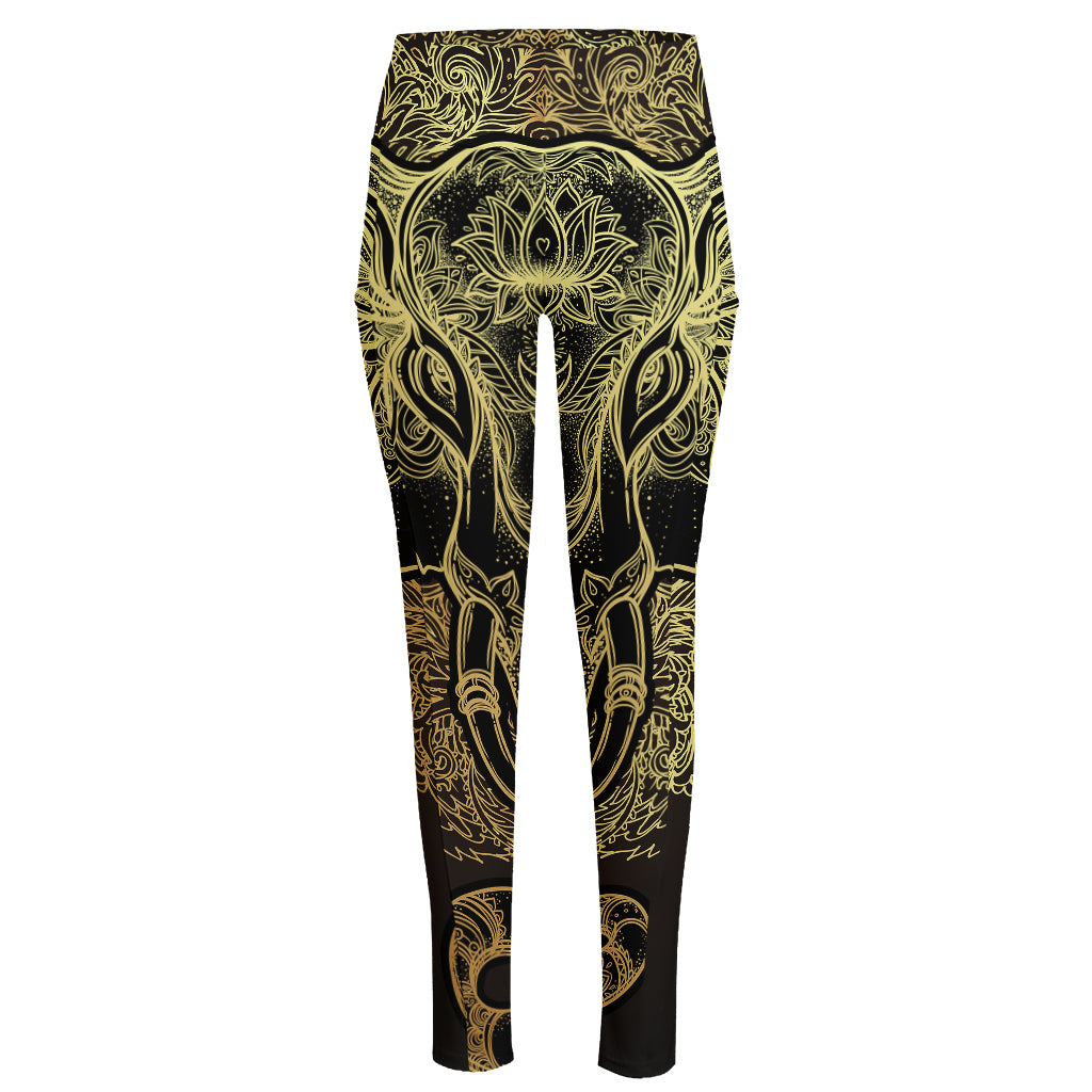 Golden Spiritual Elephant Print High-Waisted Pocket Leggings