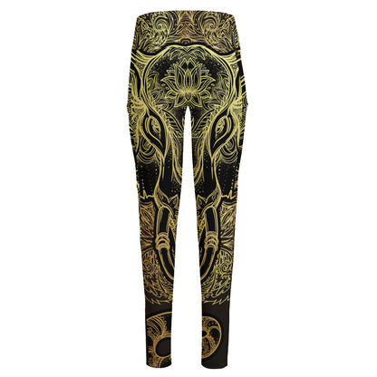 Golden Spiritual Elephant Print High-Waisted Pocket Leggings