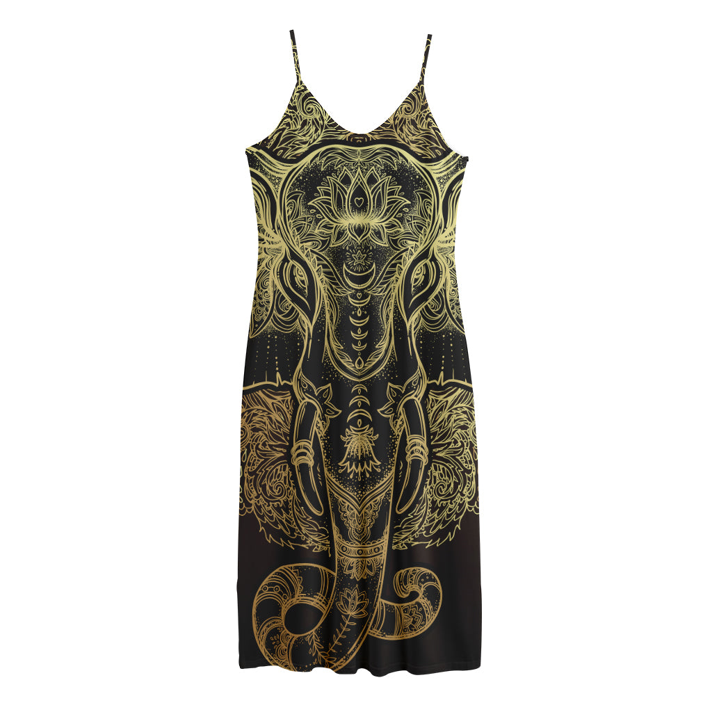 Golden Spiritual Elephant Print Jersey Midi Cami Dress