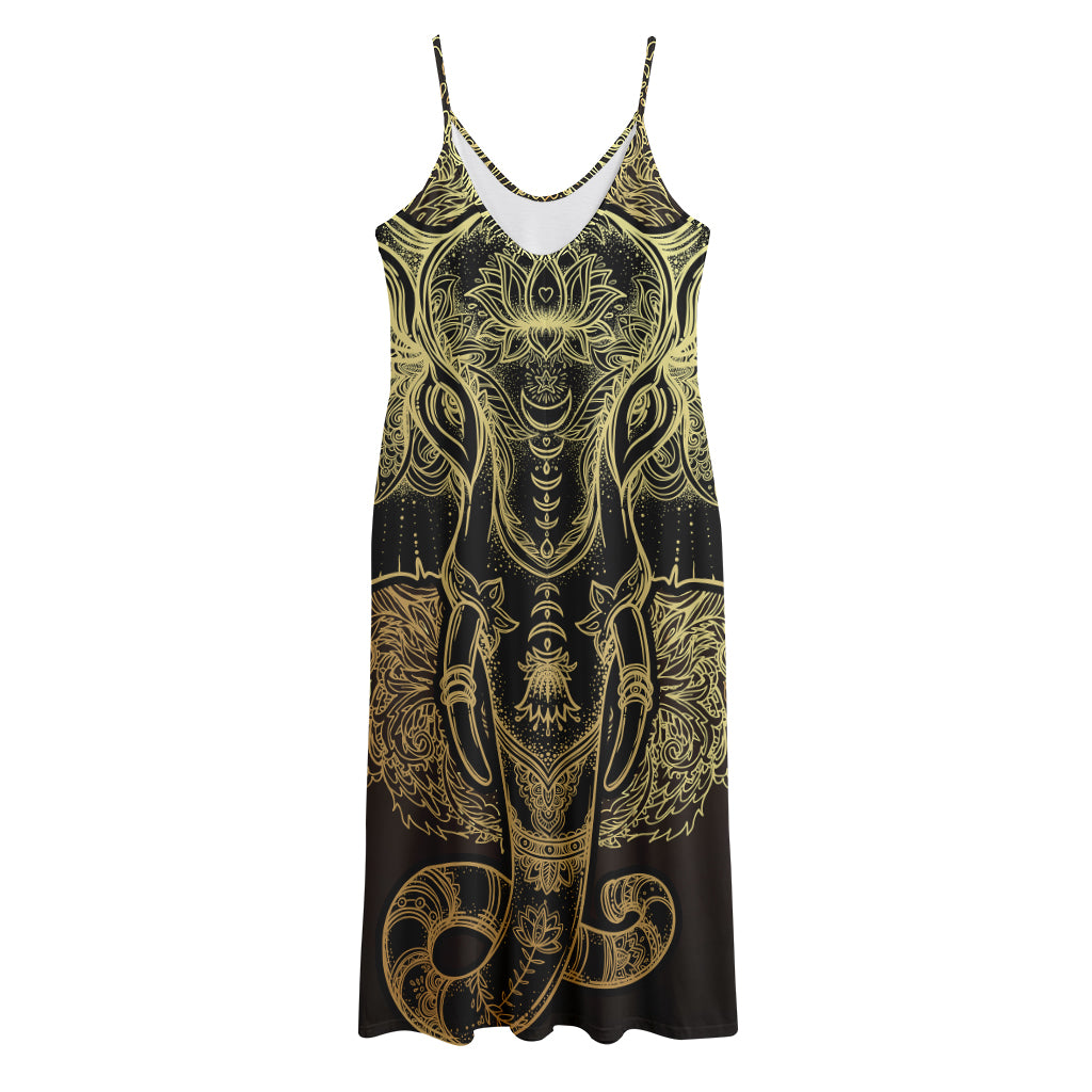 Golden Spiritual Elephant Print Jersey Midi Cami Dress