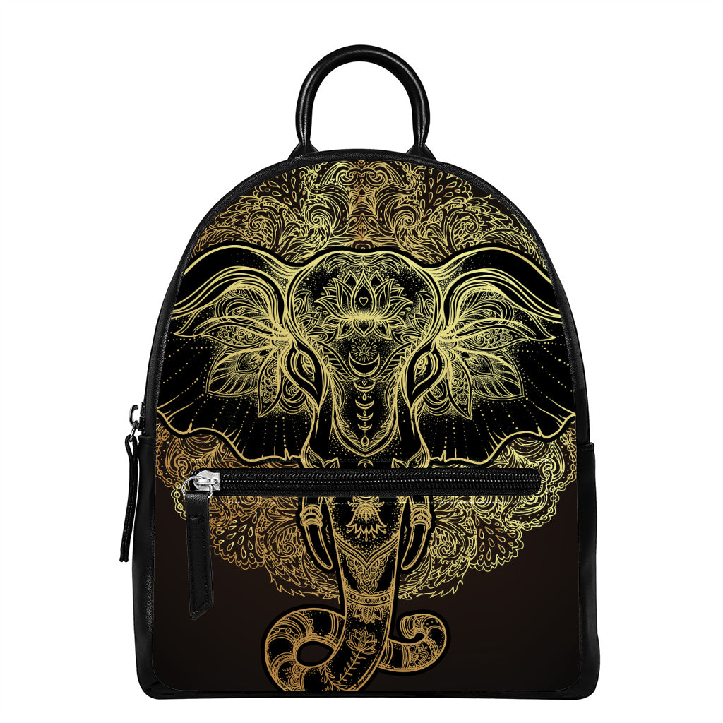 Golden Spiritual Elephant Print Leather Backpack