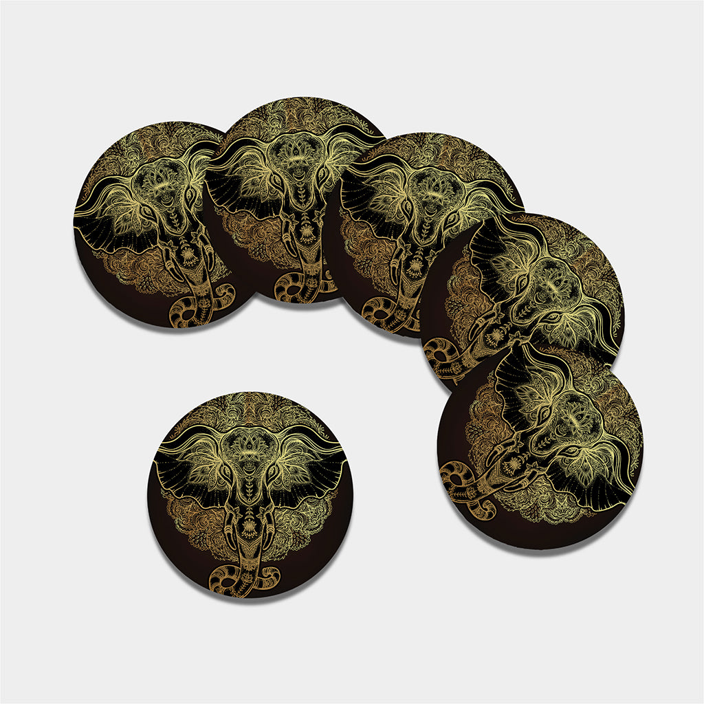 Golden Spiritual Elephant Print Leather Coaster Set