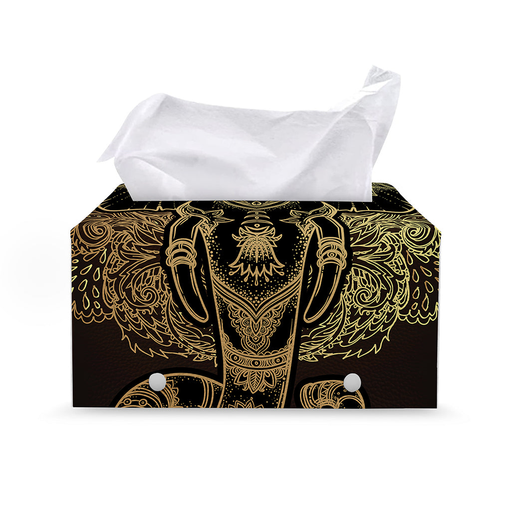Golden Spiritual Elephant Print Leather Tissue Box Cover