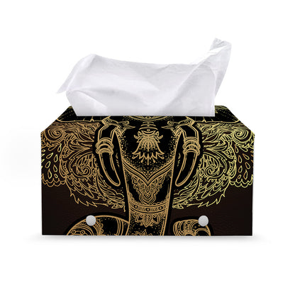 Golden Spiritual Elephant Print Leather Tissue Box Cover