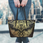Golden Spiritual Elephant Print Leather Tote Bag