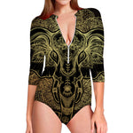 Golden Spiritual Elephant Print Long Sleeve Swimsuit