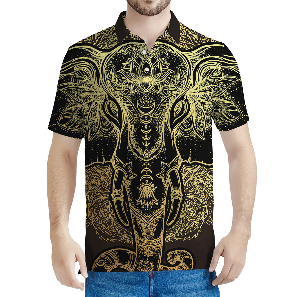 Golden Spiritual Elephant Print Men's Polo Shirt