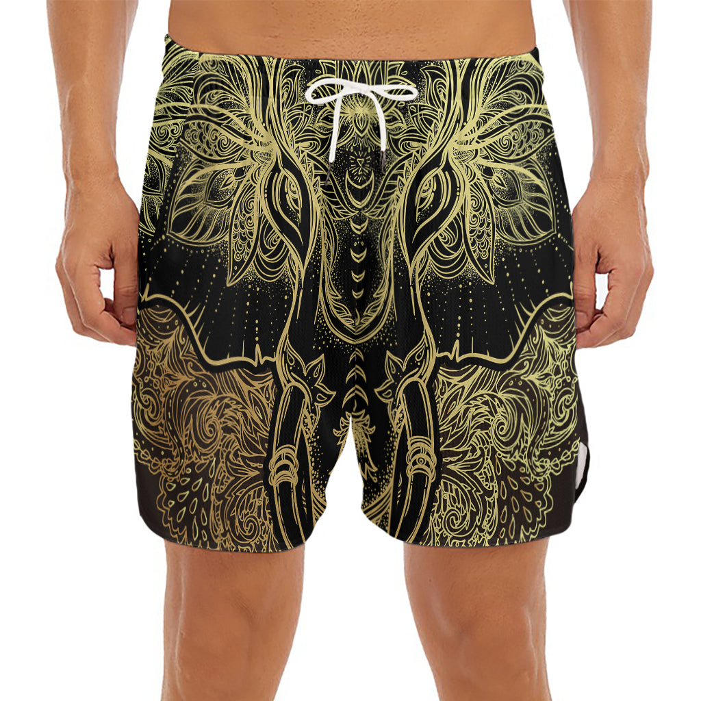 Golden Spiritual Elephant Print Men's Split Running Shorts