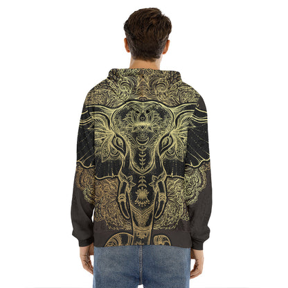 Golden Spiritual Elephant Print Men's Velvet Pullover Hoodie