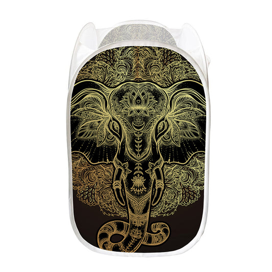 Golden Spiritual Elephant Print Mesh Laundry Hamper