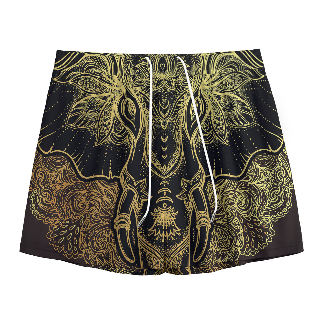 Golden Spiritual Elephant Print Mesh Shorts