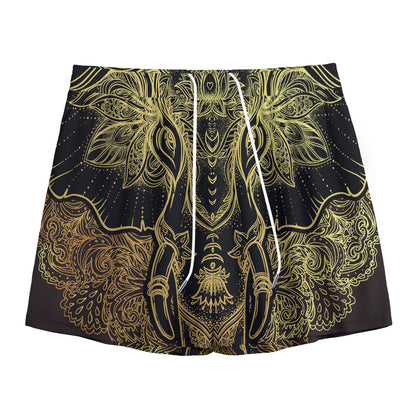 Golden Spiritual Elephant Print Mesh Shorts