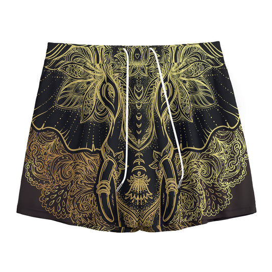 Golden Spiritual Elephant Print Mesh Shorts