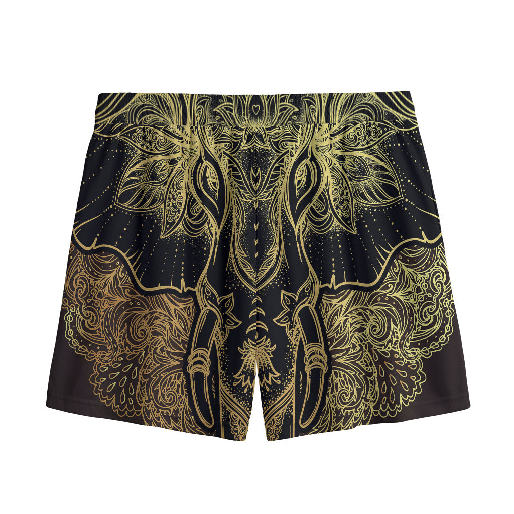 Golden Spiritual Elephant Print Mesh Shorts