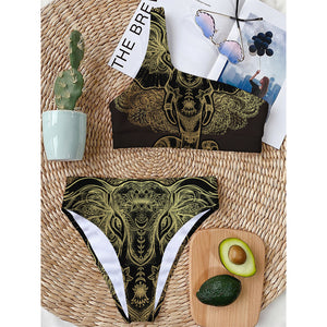 Golden Spiritual Elephant Print One Shoulder Bikini Top