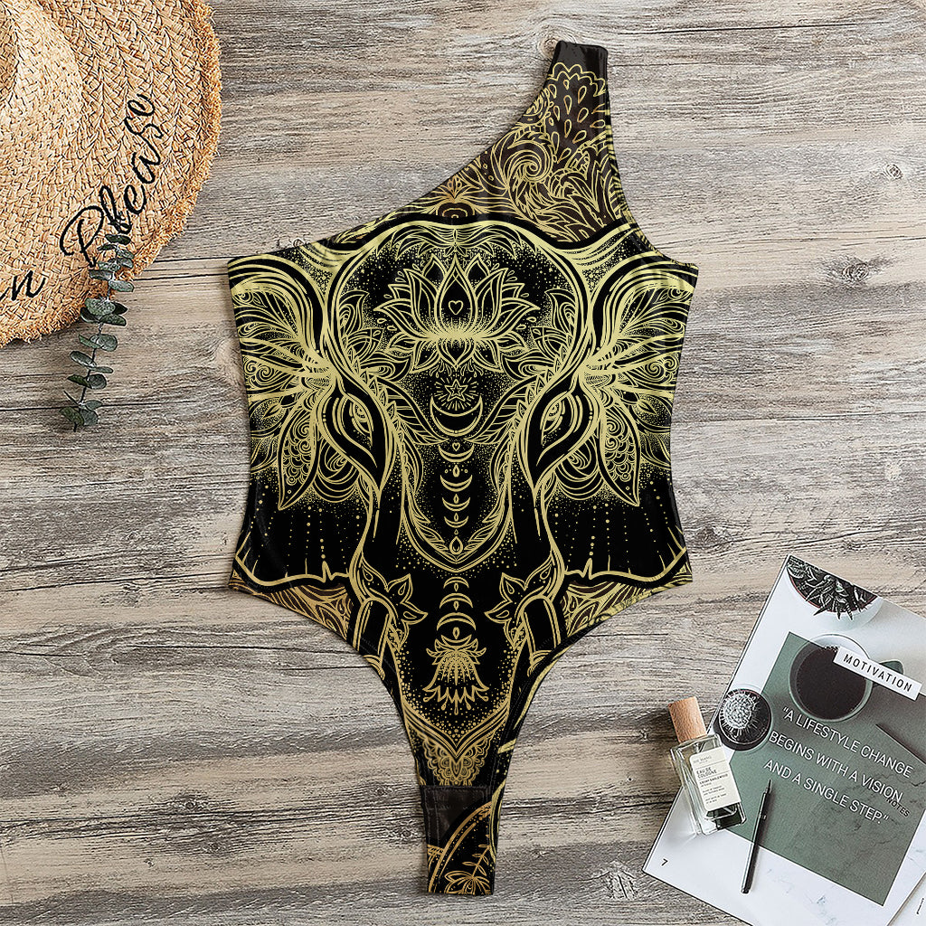 Golden Spiritual Elephant Print One Shoulder Bodysuit