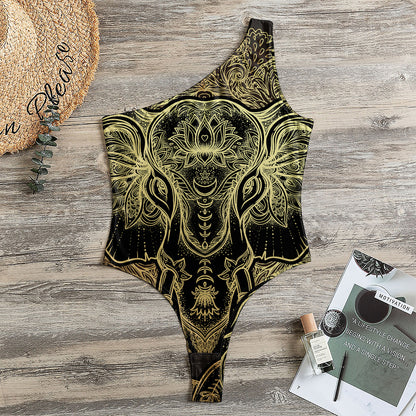 Golden Spiritual Elephant Print One Shoulder Bodysuit