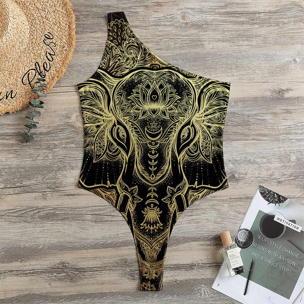 Golden Spiritual Elephant Print One Shoulder Bodysuit
