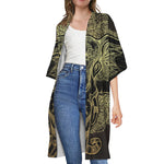 Golden Spiritual Elephant Print Open Front Beach Cover Up