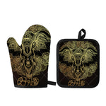Golden Spiritual Elephant Print Oven Mitt And Pot Holder Set