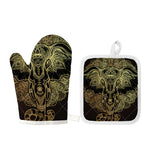 Golden Spiritual Elephant Print Oven Mitt And Pot Holder Set