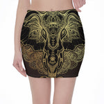 Golden Spiritual Elephant Print Pencil Mini Skirt