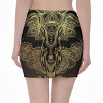 Golden Spiritual Elephant Print Pencil Mini Skirt