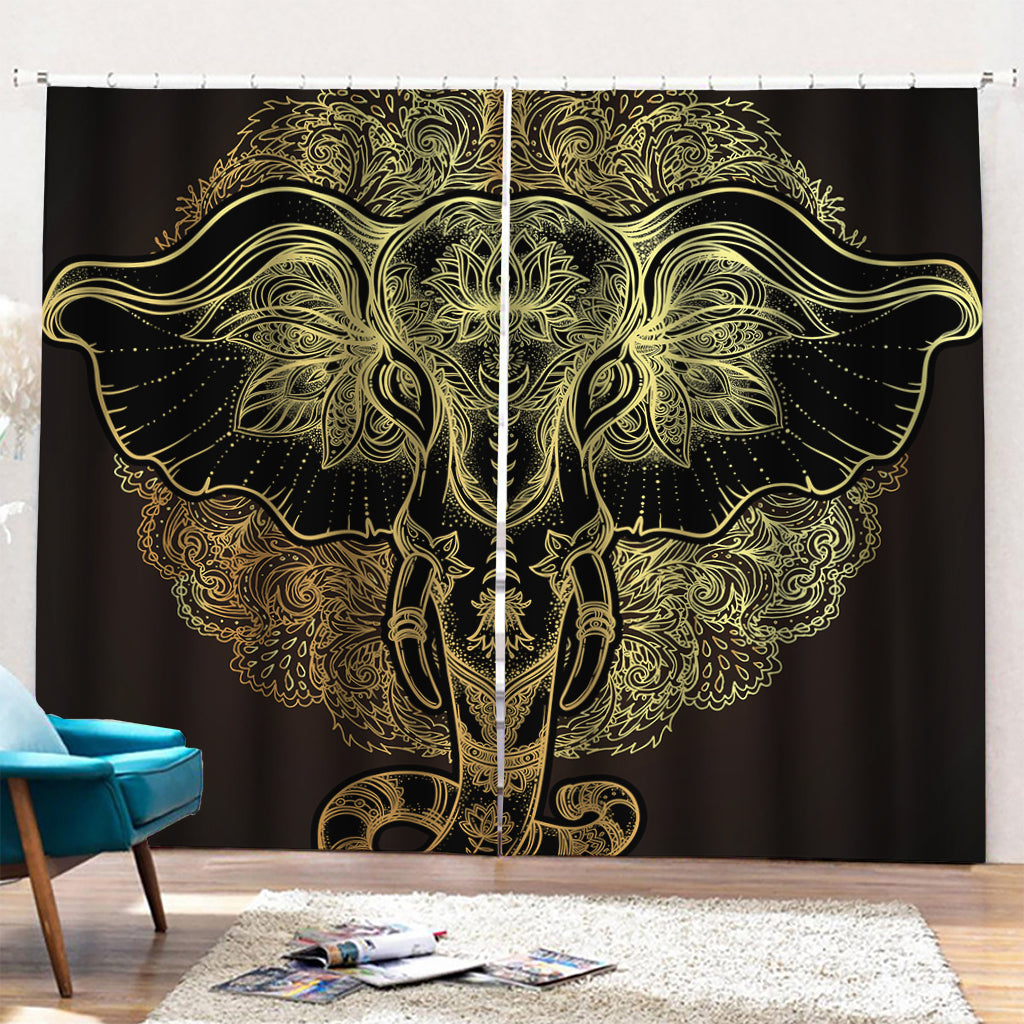 Golden Spiritual Elephant Print Pencil Pleat Curtains