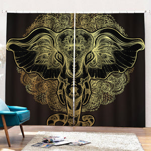 Golden Spiritual Elephant Print Pencil Pleat Curtains