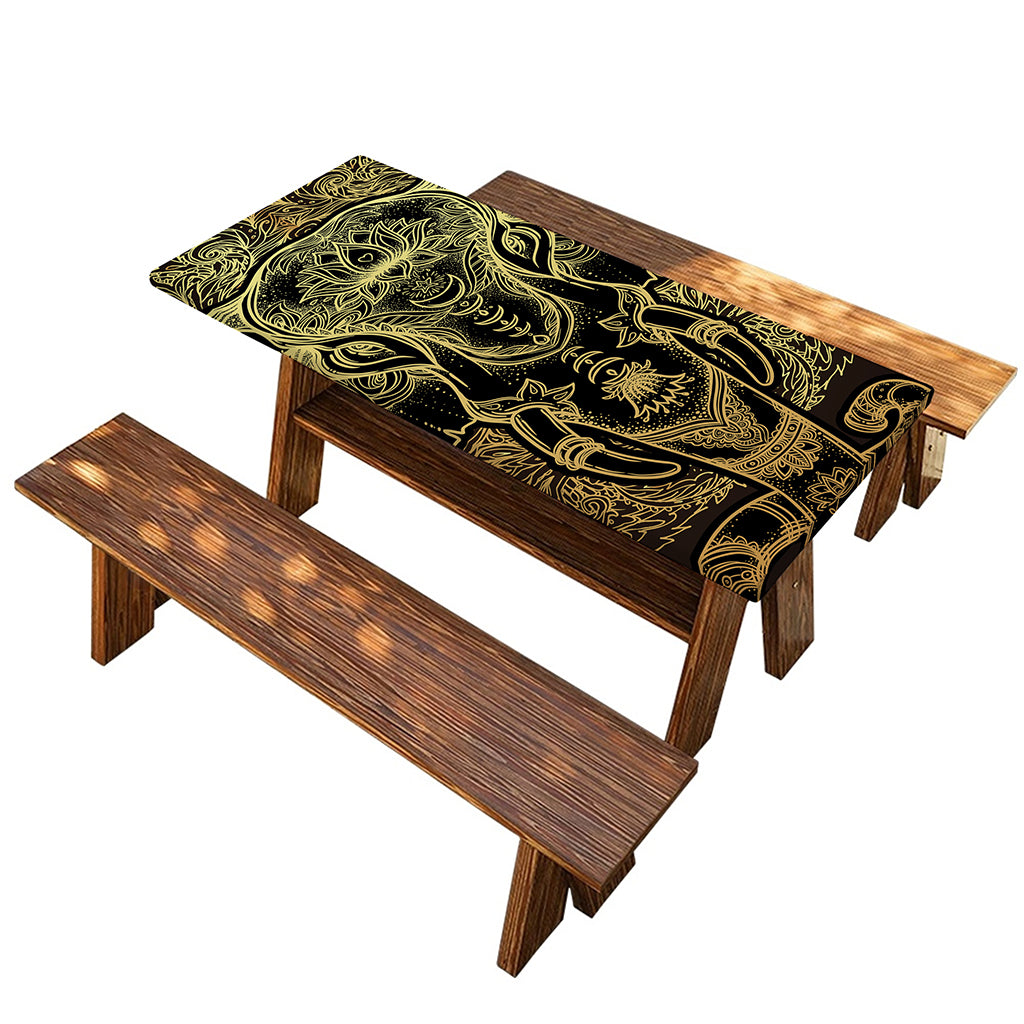 Golden Spiritual Elephant Print Picnic Table Cover