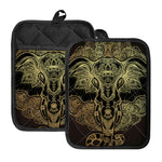 Golden Spiritual Elephant Print Pot Holders With Pocket