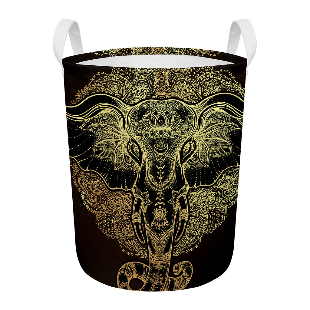 Golden Spiritual Elephant Print Round Laundry Basket