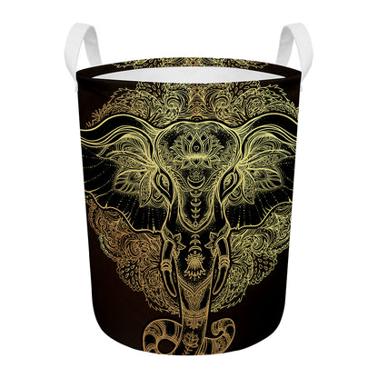 Golden Spiritual Elephant Print Round Laundry Basket