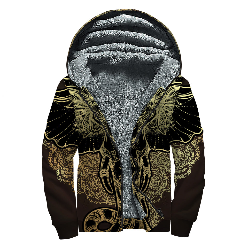 Golden Spiritual Elephant Print Sherpa Lined Zip Up Hoodie