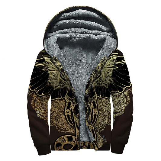 Golden Spiritual Elephant Print Sherpa Lined Zip Up Hoodie